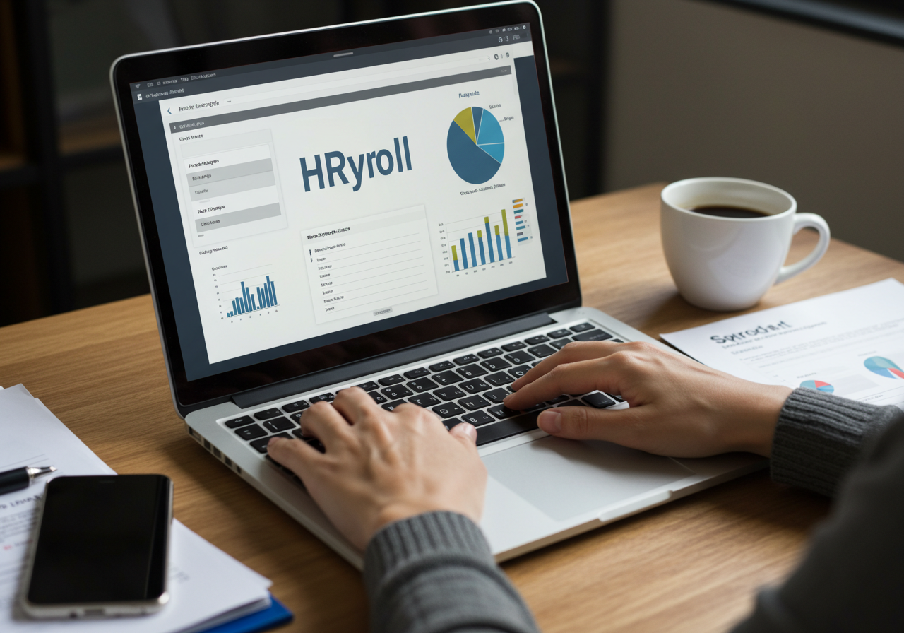 Manos trabajando en un software de nóminas en una laptop.