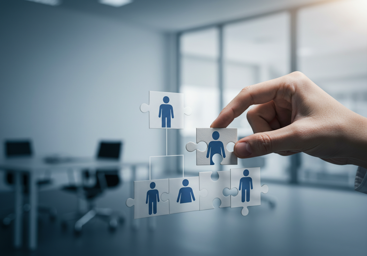 Mano colocando una pieza de rompecabezas de una persona en un organigrama.